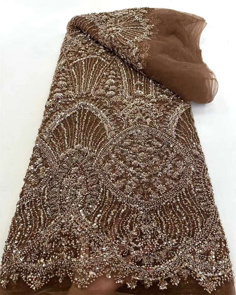 African Nigerian Groom Tulle Lace Fabric  High Quality Sequins Embroidery Beaded Nigerian French Wedding Party Dress