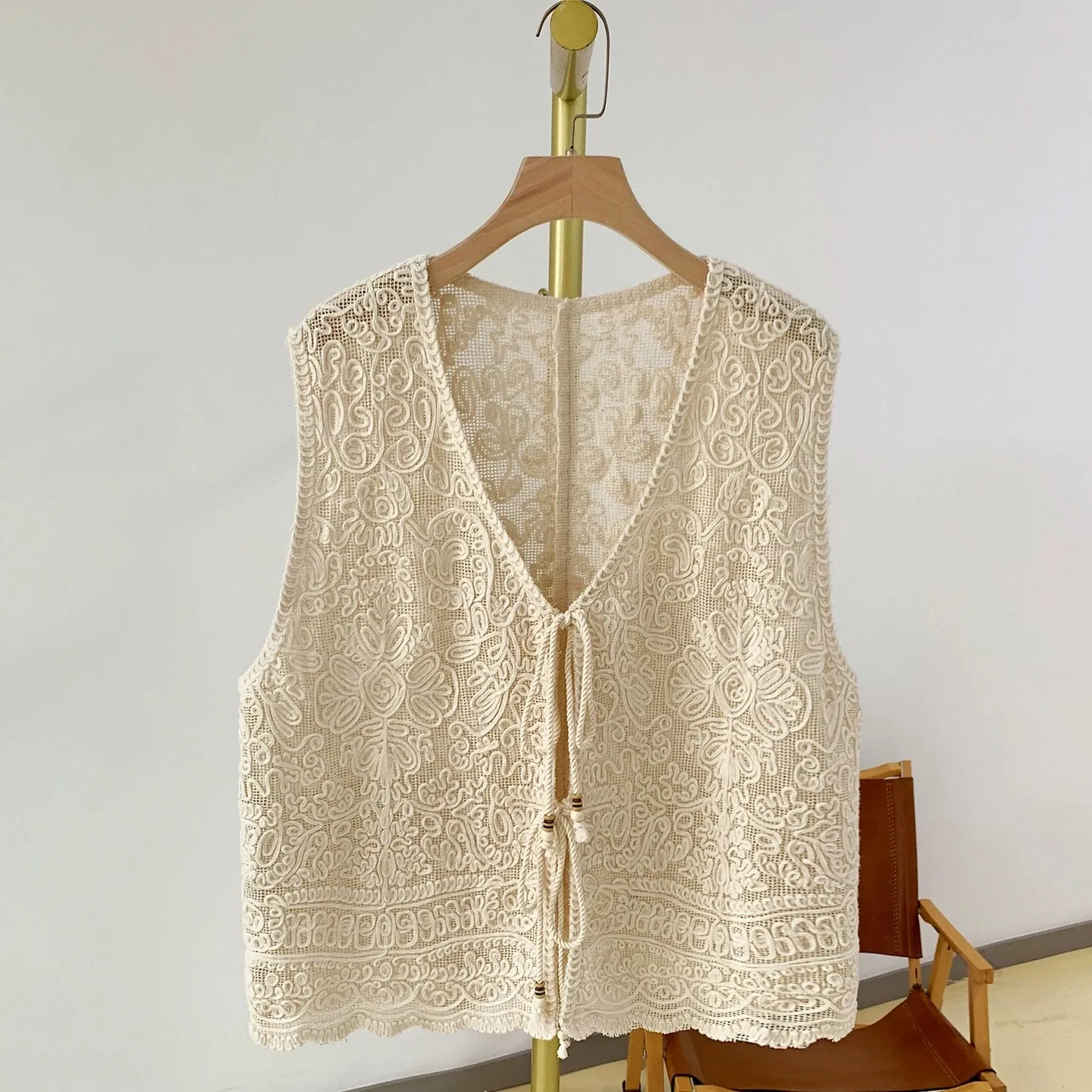 Tie Front Crochet Vest for Women Sleeveless Tie-up Open Stitch Knitted Waistcoat Jacket Beach Cover-up Summer Festival Boho Chic