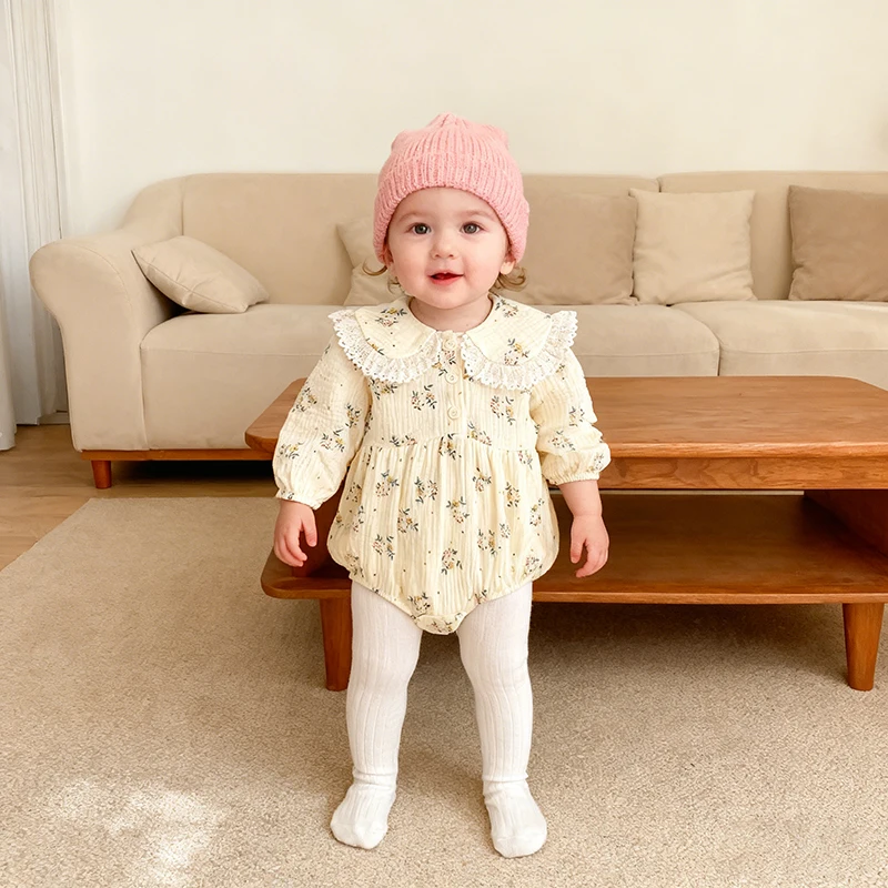 جديد ربيع 2026 بدلة قفز للأطفال البنات مطبوعة بأكمام طويلة من القطن على شكل زهرة للأطفال البنات 0-24 متر بدلة قفز لحديثي الولادة