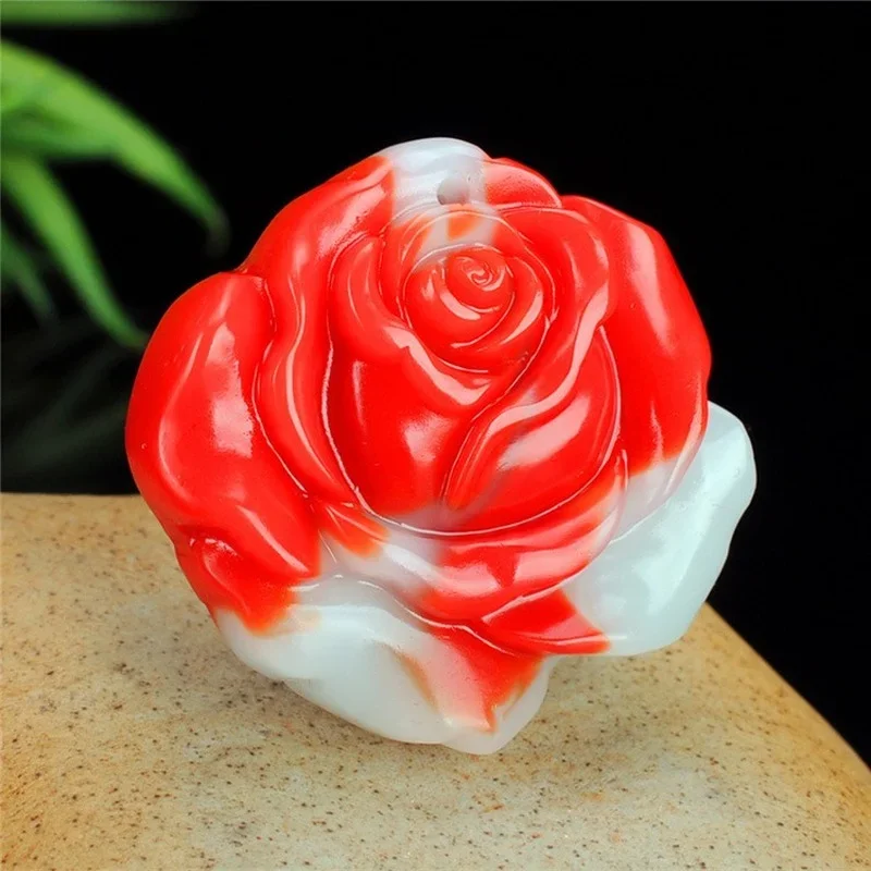 

Natural Green Hand-carved Rose Flower Jade Pendant Fashion Boutique Jewelry Men and Women Peony Flower Necklace