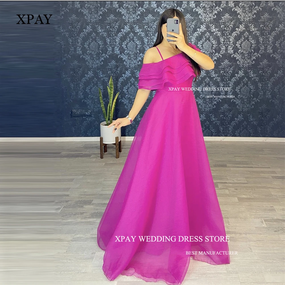 

XPAY Fuschia Organza A Line Evening Dresses Arabic Women Off the Shoulder Long Prom Gowns Wedding Party Dress Formal Occasion