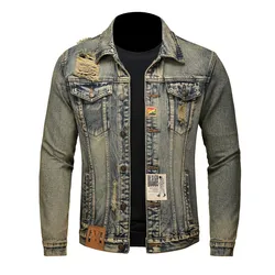 Men's Fashion Vintage Destroyed Jeans Jacket High Street Ripped Denim Coat With Holes Washed Retro Outerwear Size M-5XL