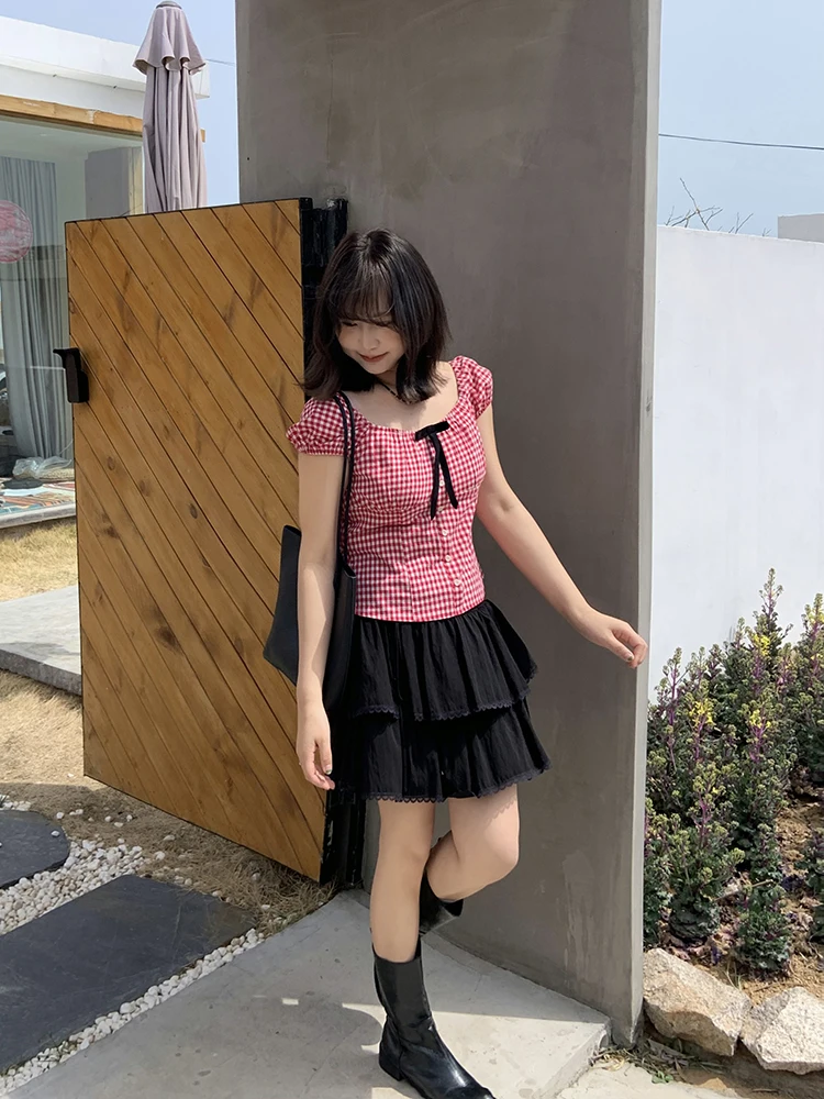 

Bla Korean Sle f Skirt for plus Size Women Cake Skirt High Waist Casual Wear Nylon Fabric acie Iced Tea Series