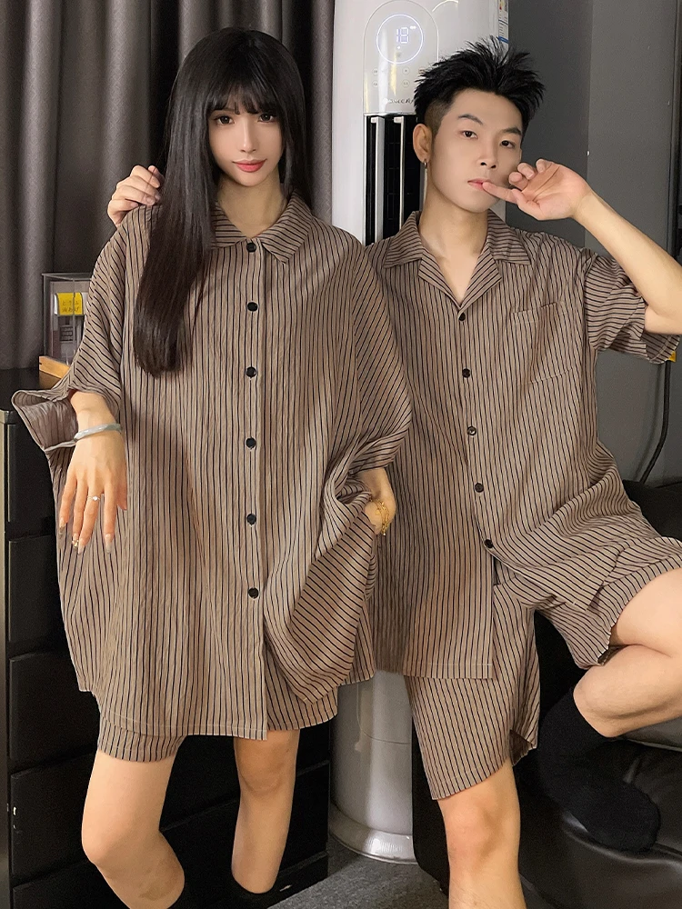 DAIMELU couple pajamas shirt sleepwear women's spring and autumn nightgown short-sleeved striped men's summer loungewear suit