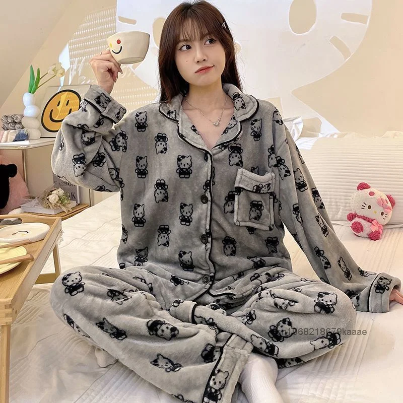 Sanrio Hello Kitty Korean Version Fashion Sleepwear Women\'s Autumn Winter New Coral Fleece Home Suit Y2k Girl Thickened Pajamas