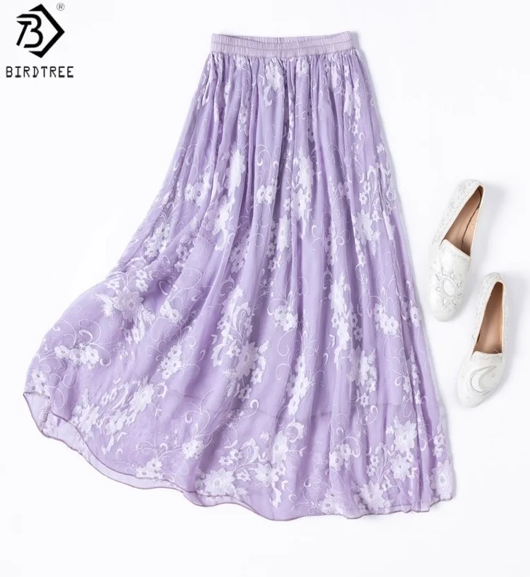 

Юбка Birdtree из 100% шелка фиолетового цвета, женские двухслойные свободные платья с эластичной резинкой на талии и вышивкой, новинка лета 2025 D57309JF