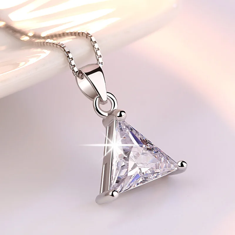 925 Sterling Silver Triangle Cubic Zirconia Pendant Necklace for Women Sparkling Clear CZ Chain Necklace Elegant Party Jewelry
