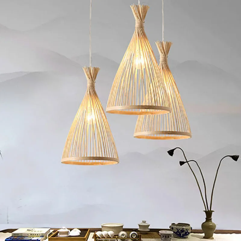 

Handmade Vintage Pendant Lamp Bamboo Restaurant Café Chandeliers Wood Base Bulb Lighting Hotel Bedroom Interior Classical