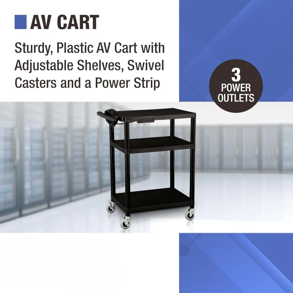 Commercial Furniture Mobile Utility AV Cart with Power Strip and Casters, Rolling Presentation and Media Cart on Wheels, Black