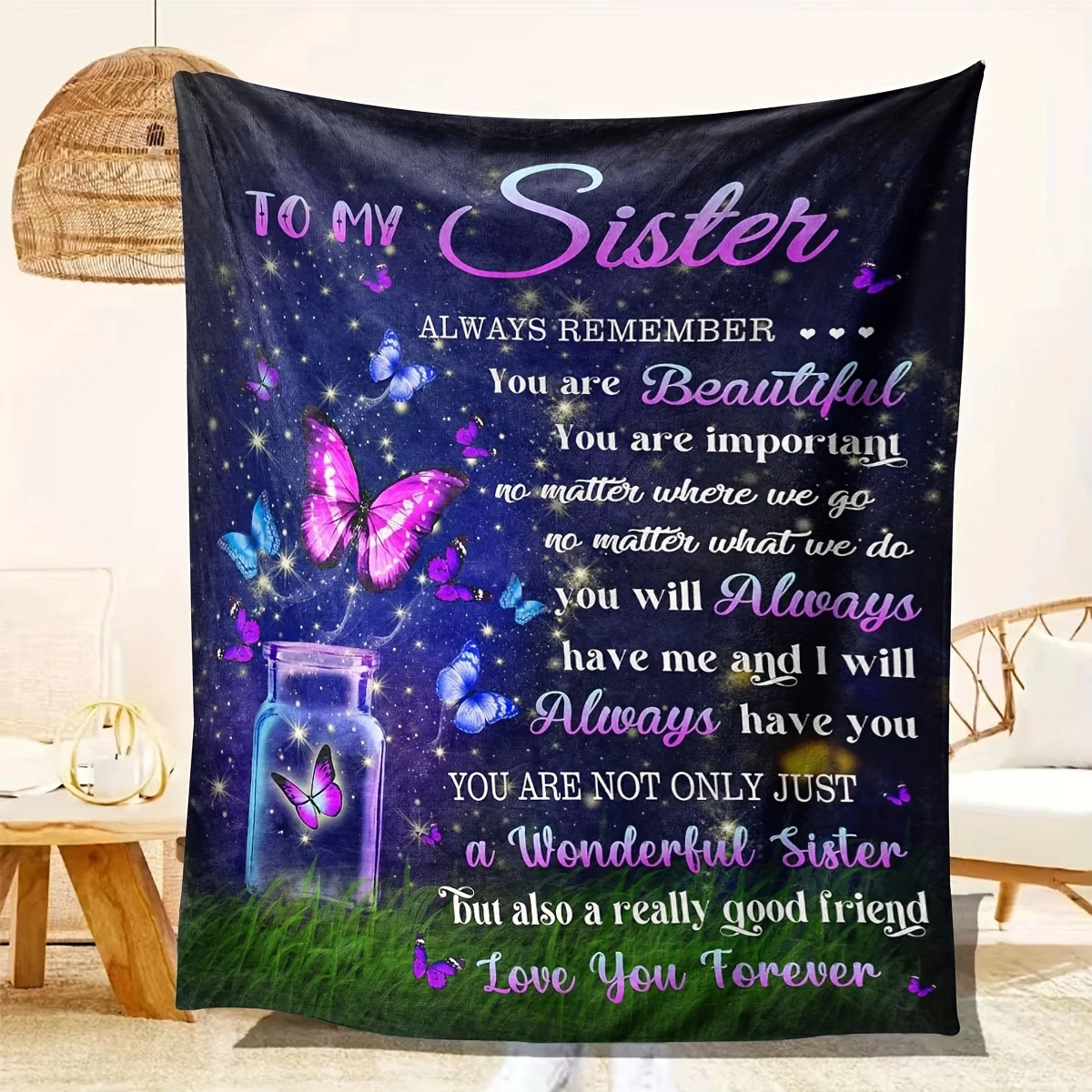 Newest Dear Sister Elephant Inspirational Quote Flannel Throw Blanket, Heart Balloon Letter Blanket Meaningful Sister Gift