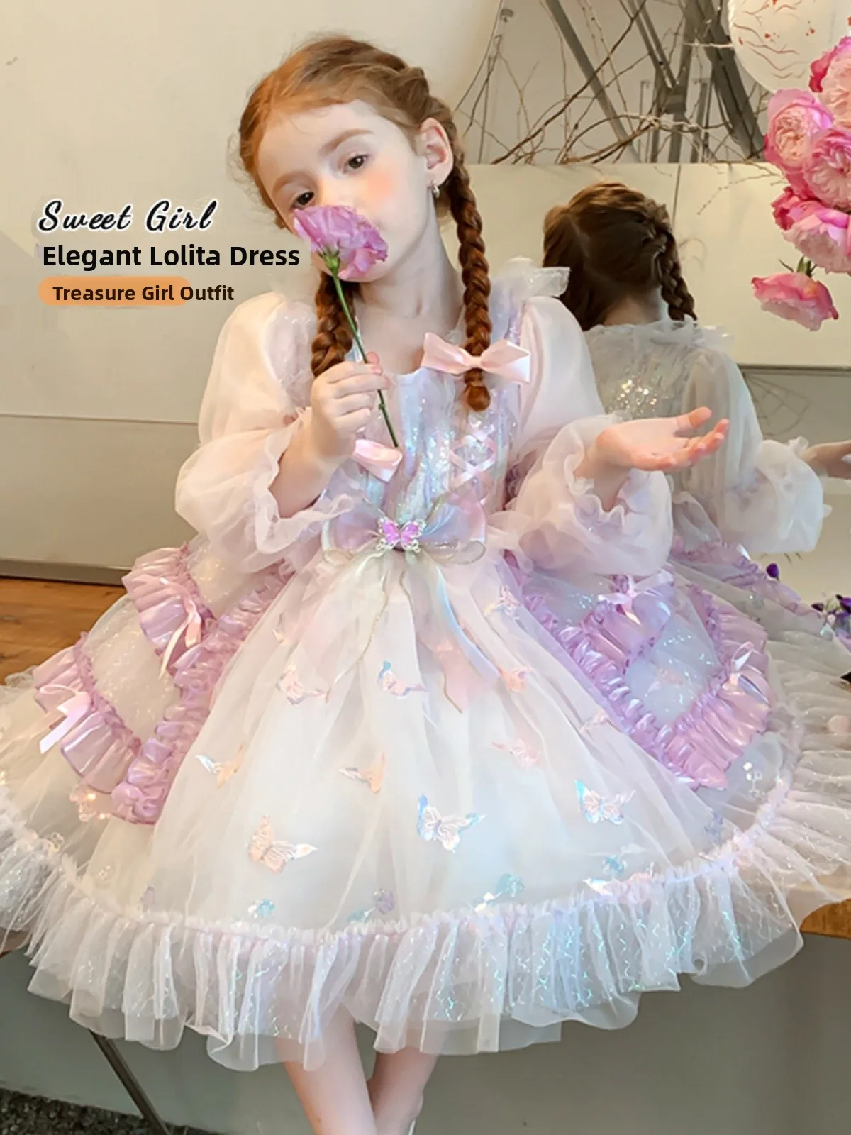 

Princess Style Birthday Dress for Little Girls Spring New Arrival Lace Long Sleeve A-Line Skirt Soft Cotton Inner Liner Embro...