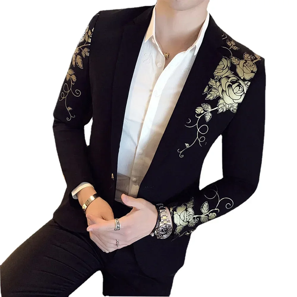 

New Luxury Gold Print Blazer Slim Fit Men Blazer Stage Cloth Social Party Wedding Dress Male Black Suit Jacket JJ883
