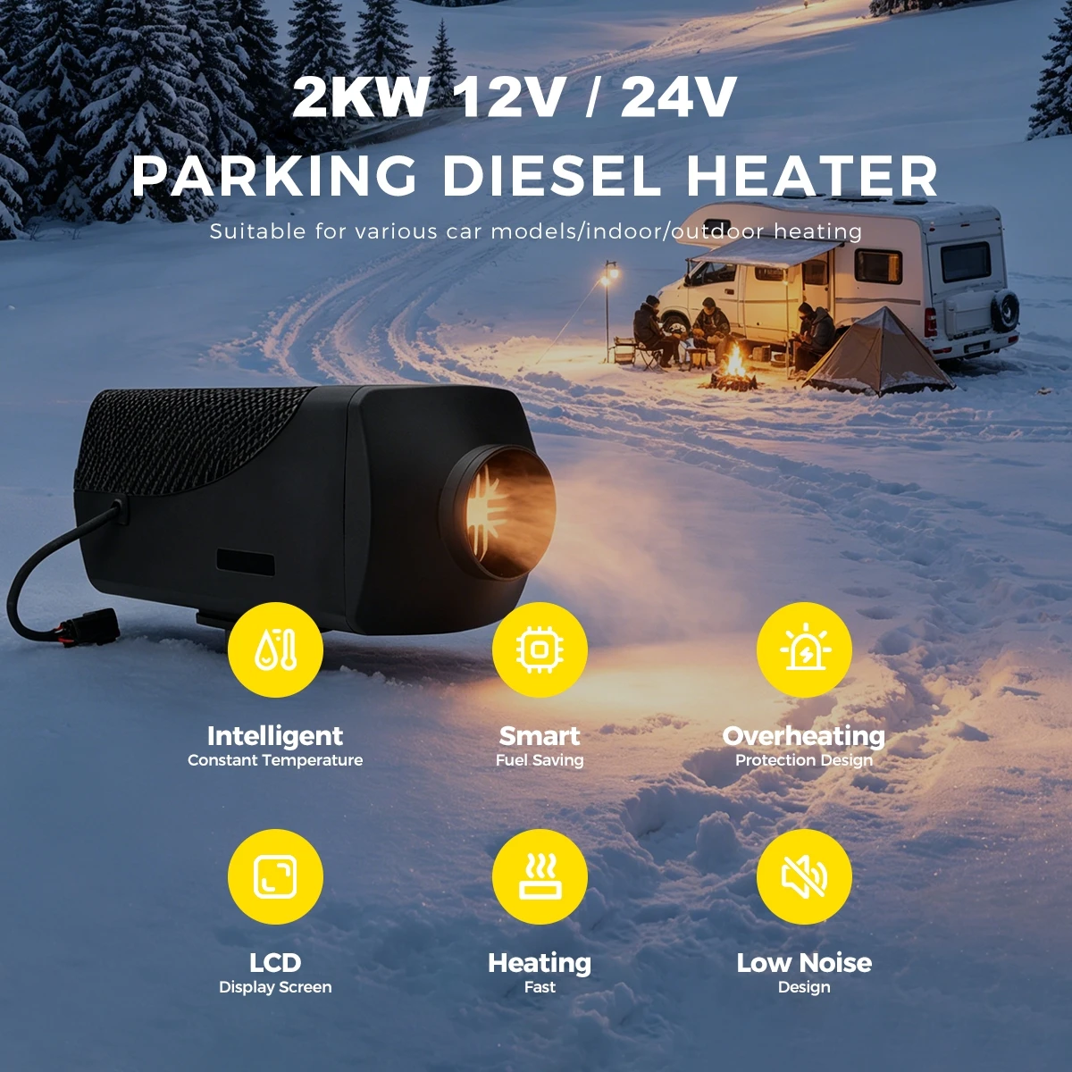 SH B2 2KW 12V/24V Diesel Heater LCD MZ Remote Bluetooth Low Noise Automatic Start Diesel Air Heater for RV Truck Camper Van