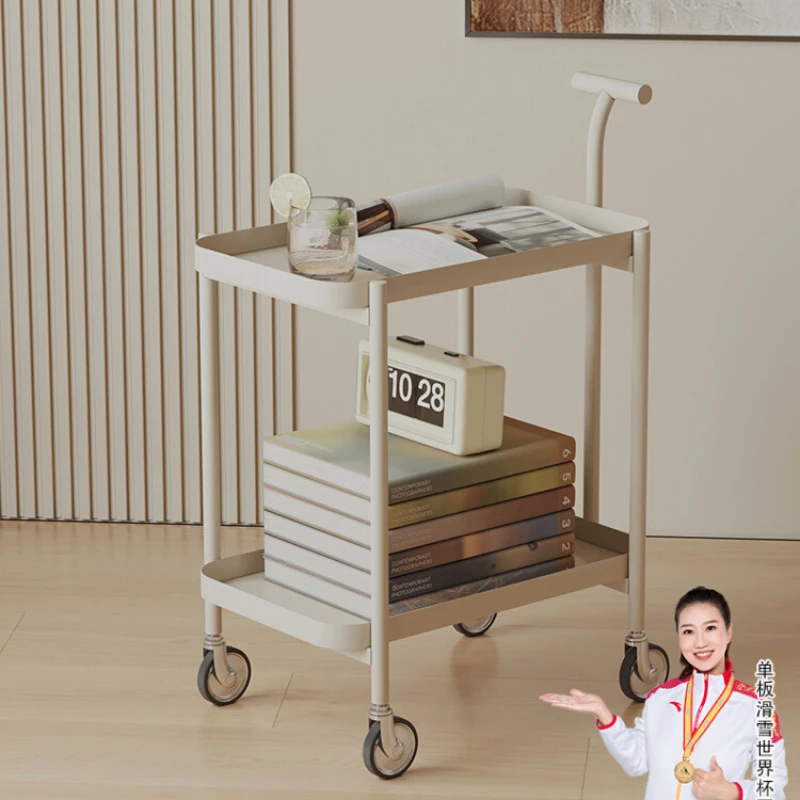 

Hxl Cream Style Small Coffee Table Bedroom Simple Trolley Rack Mobile Side Table with Wheels