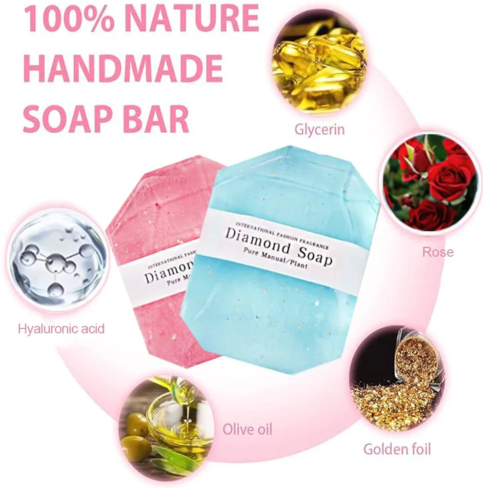 FlowWeek Hyaluronic Acid Diamond Essential Oil Soap Handmade Soap Gem Gold Foil Soap Face Hand Body Cleaning Soap Wedding Gifts