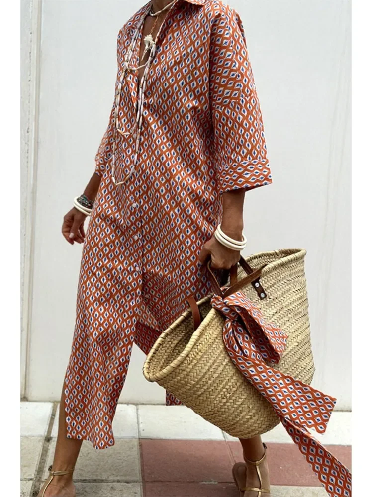 Boêmio moda camisa vestido feminino lapela meia manga listrado impresso robe rendas até dividir vestidos longos para mulher 2024 outono novo