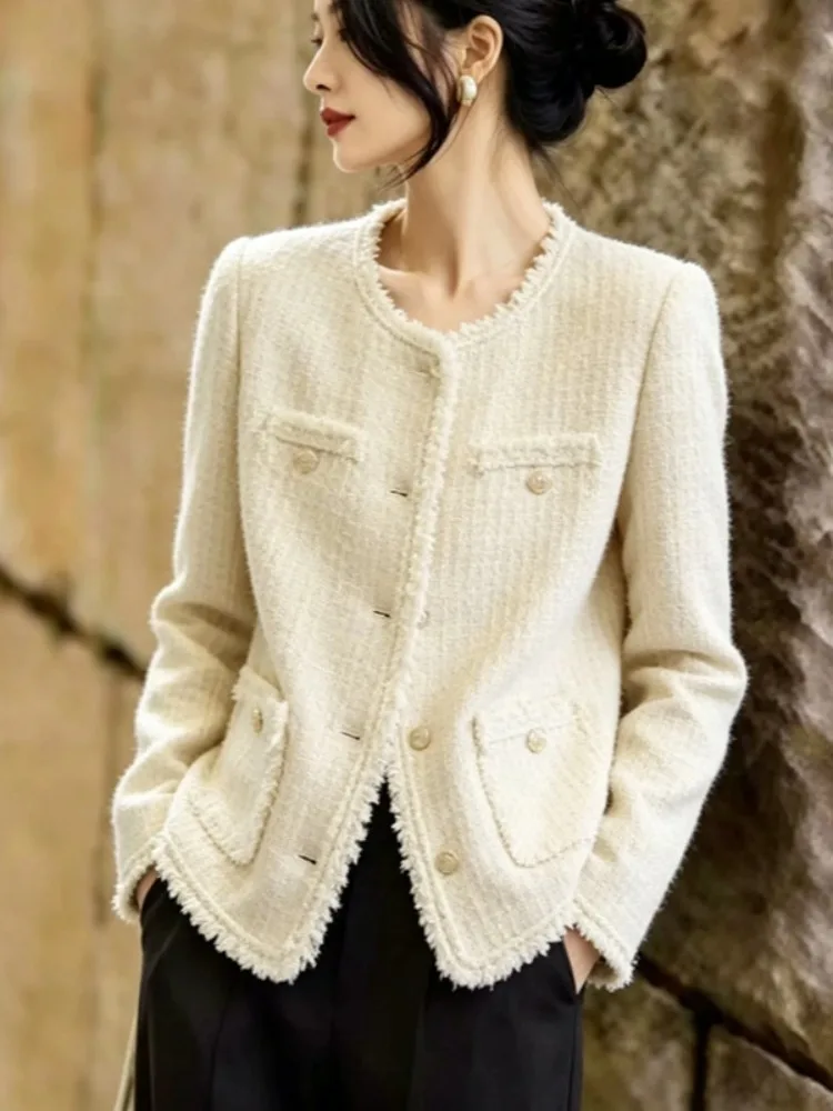  Style Short Coat Women's round Neck Woolen  Tweed Long Sleeve Autumn Commuting Shirt with Multiple Pockets