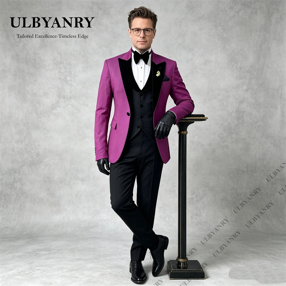 

ULBYANRY Customized Men's 3 Piece Suit Set with Velvet Lapel Slim Fitting Party Prom Suit Attire One Button Wedding Groom Suits