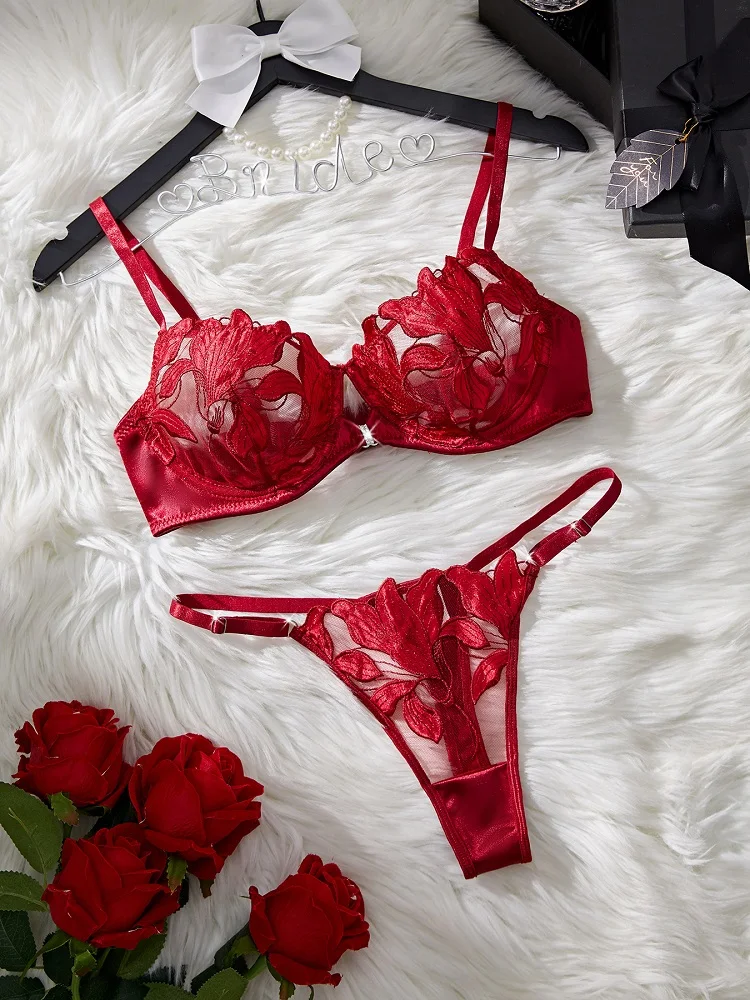 Sexy Lingerie 2 Pieces Delicate Embroidery Fancy Underwear Women Fantasy Bra Kit Translucent Erotic Set Wine Red Sexy Underwear