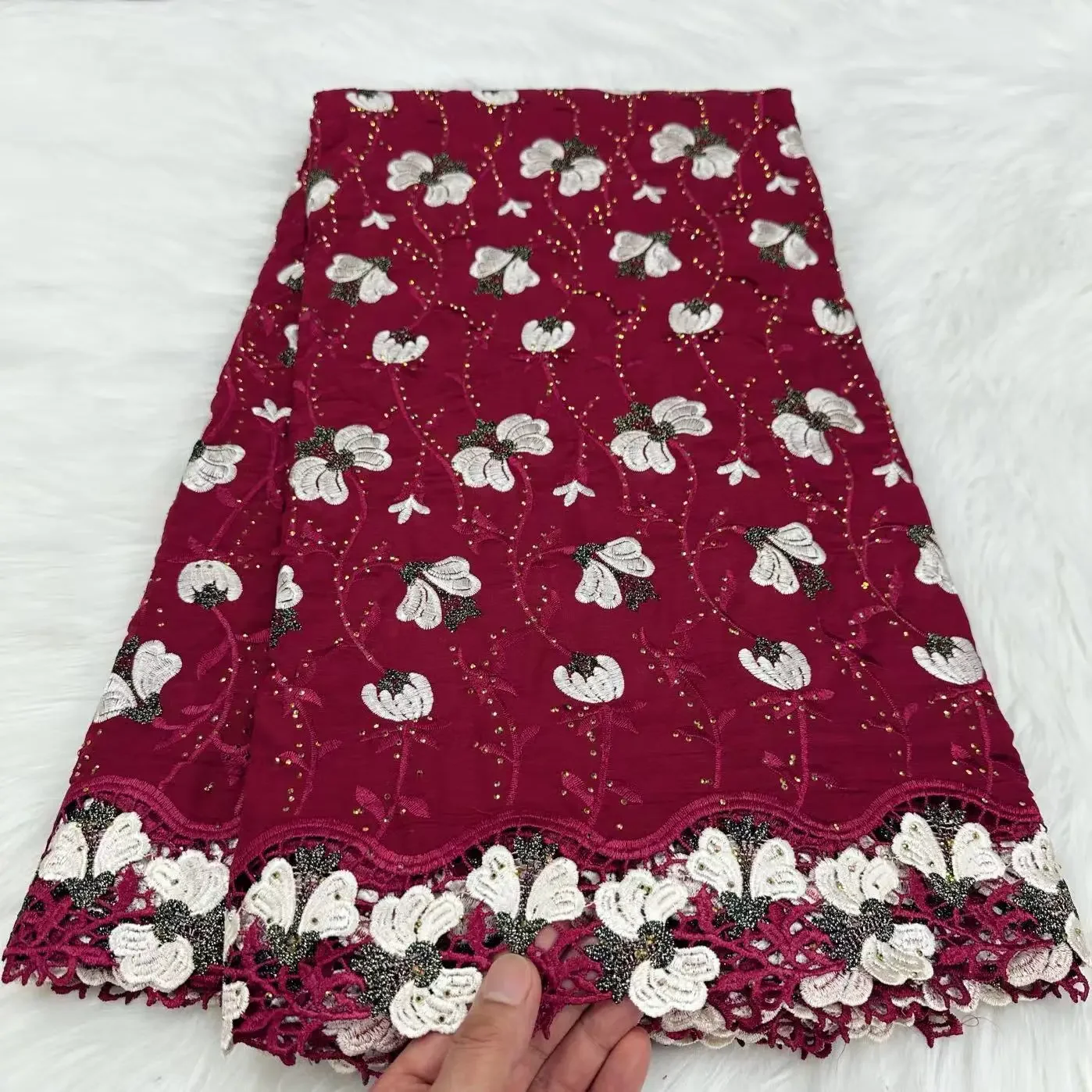 

Burgundy African Embroidery Cotton Fabric for Sewing Swiss Luxury Elegant Lace High Quality 2025 Party Dress Material 5Yards