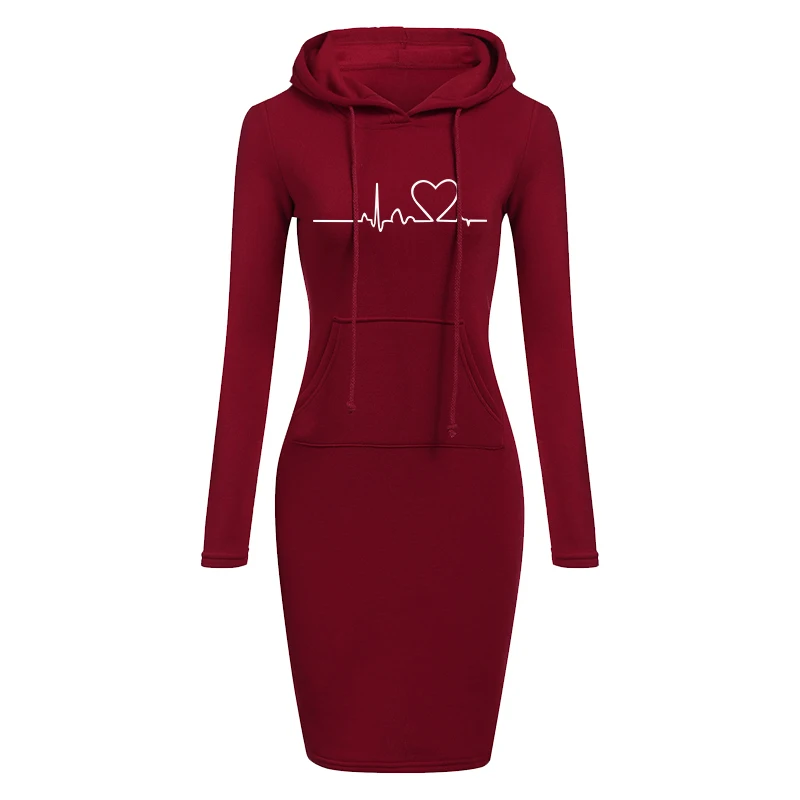 Women\'s Long Sleeve Hoodie Dress, Hooded Sweater, Pullovers, Sweatshirt, Slim Fit, Fashion, Autumn, Winter