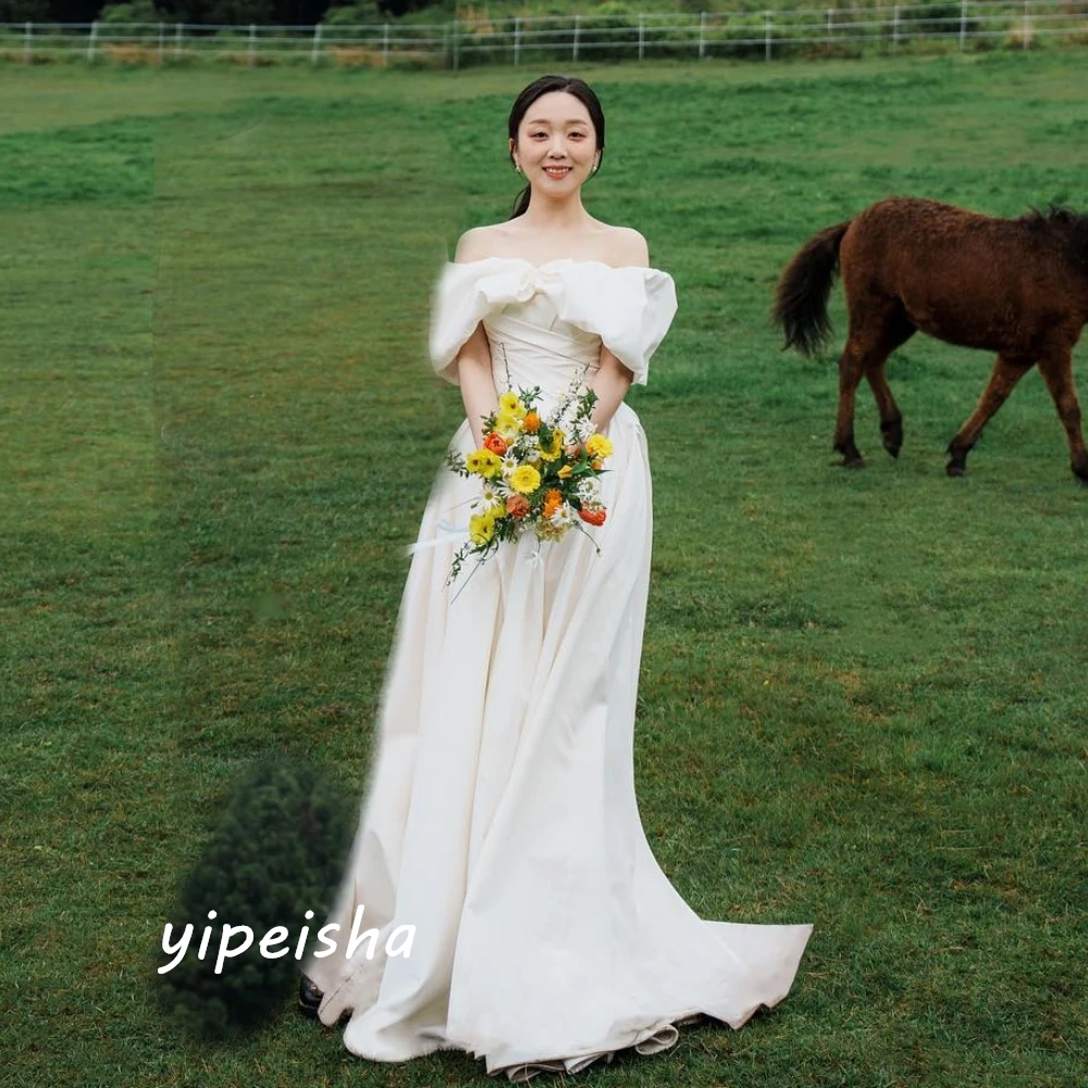 Customized   Korea Elegant Simple Off-the-shoulder Ball Gown Wedding Party Floor Length Charmeuse es