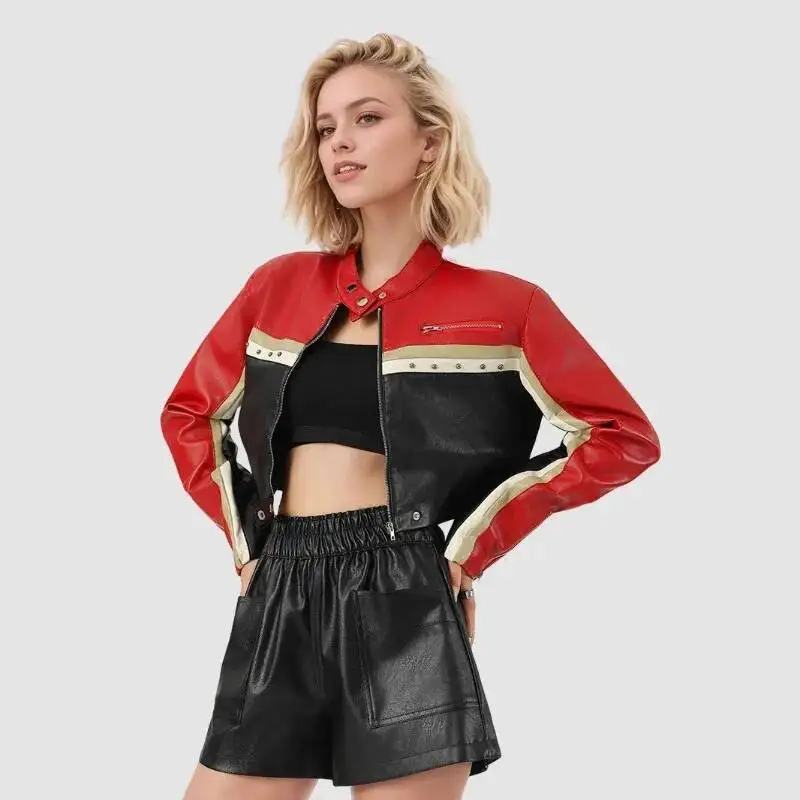 2026 Popular Contrasting Splicing Pu Waist Cool Handsome Women Leather Jacket Spice Girl Locomotive