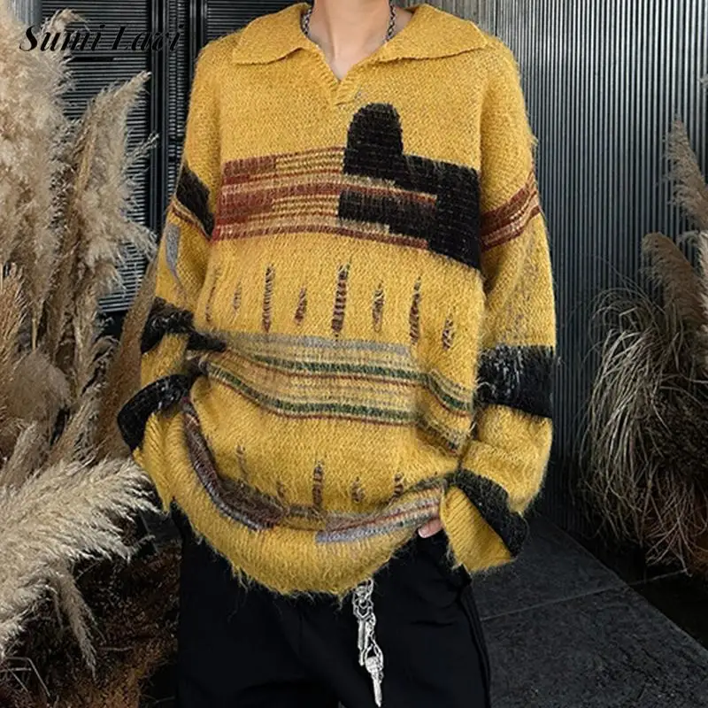 

Streetwear Vintage Mens Sweater Jumper Tops Fall Winter New Casual Turn-down Collar Knitting Sweaters Men Trendy Knit Polo Shirt