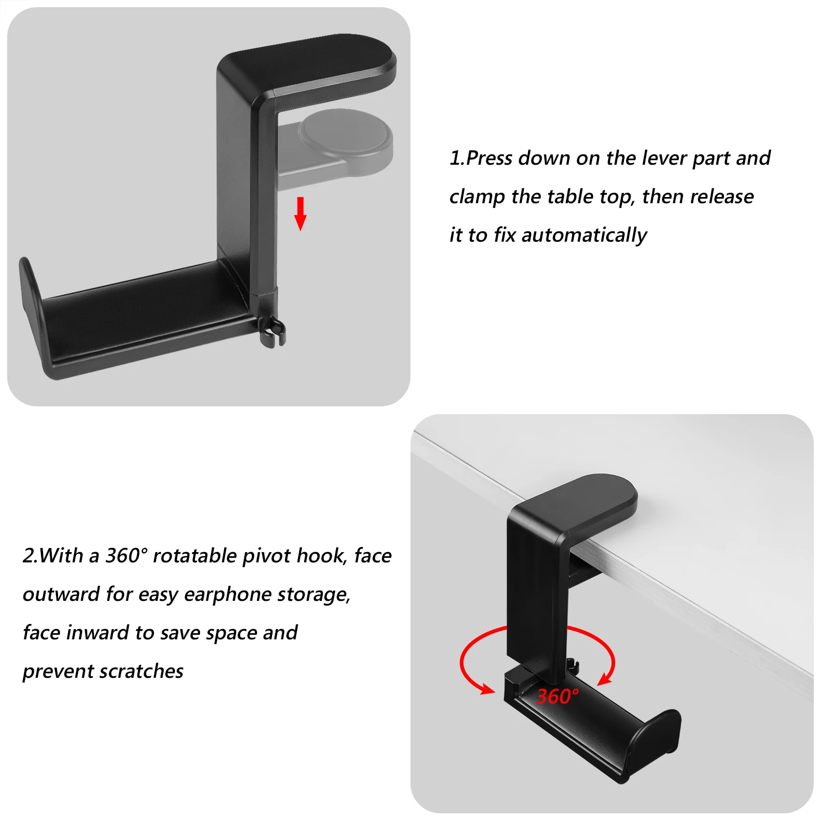 Geekria Gaming Headset Headphone Hook Stand, Under-Desk Headphone Stand Mount Holder with 360° Rotation Adjustable
