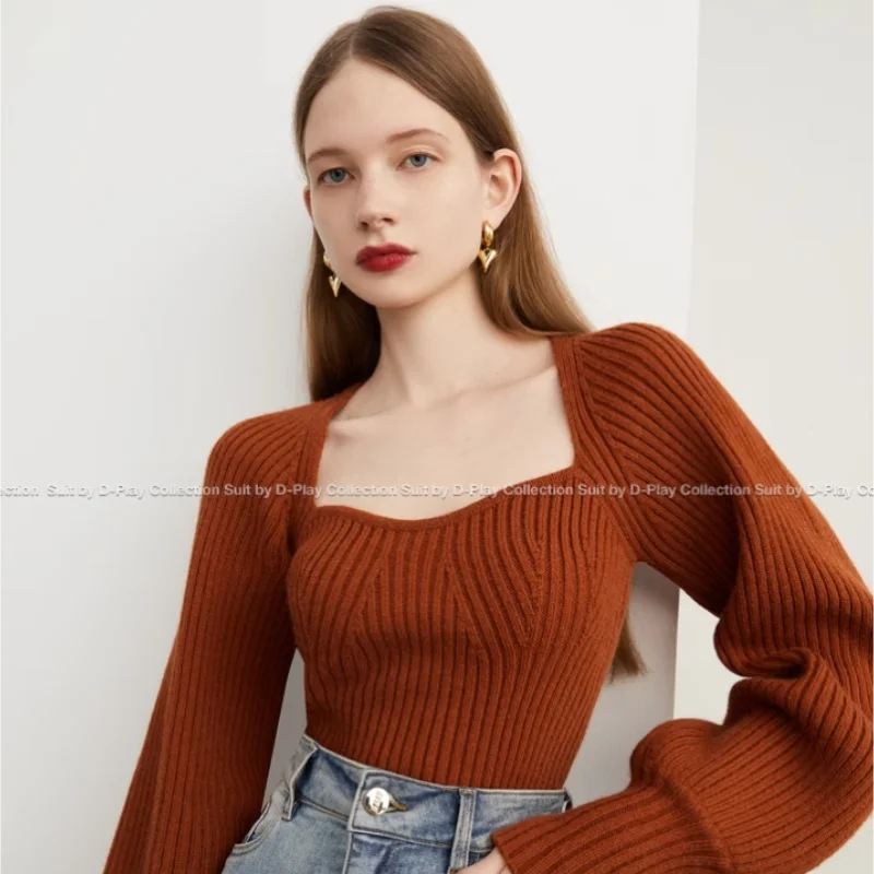 

French Palace Neck Knit Women'S Wear 2023 Autumn And Winter New Advanced Design Charcoal Lantern Sleeve Knit Sweater Slim Fit Sw