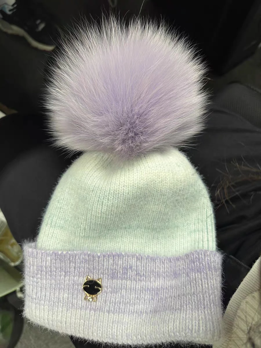 天然フォックスファーポンポンハット-暖かいシングルフォールドニットハット-秋と冬のミンクカシミアハット-女性用多用途ビーニー