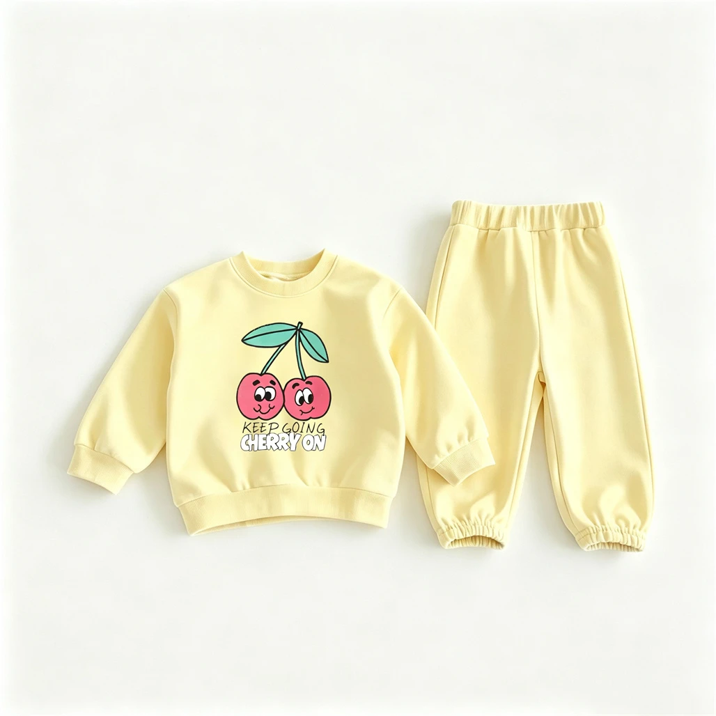 Sweatshirts mit Fruchtprint + Hosen, zweiteiliges Set, Kirsch-Erdbeer-Tops, weiße, gelbe Jogginghose, Herbstkostüm, Kinder-Outfits – Detail 1