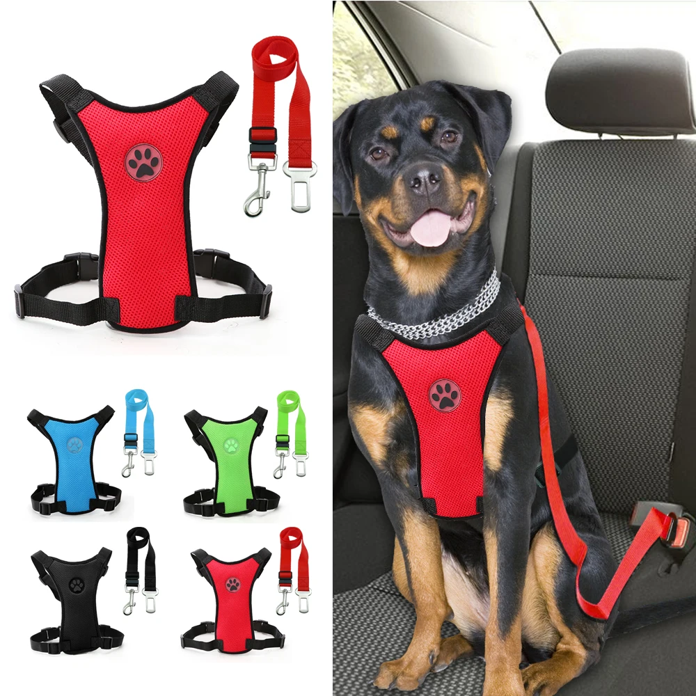 Nylon Breathable Mesh Dog Harness Vest Safety Pet Car Seat Belt Dog Leash Lead Adjustable Vehicle Harness For Medium Large Dogs