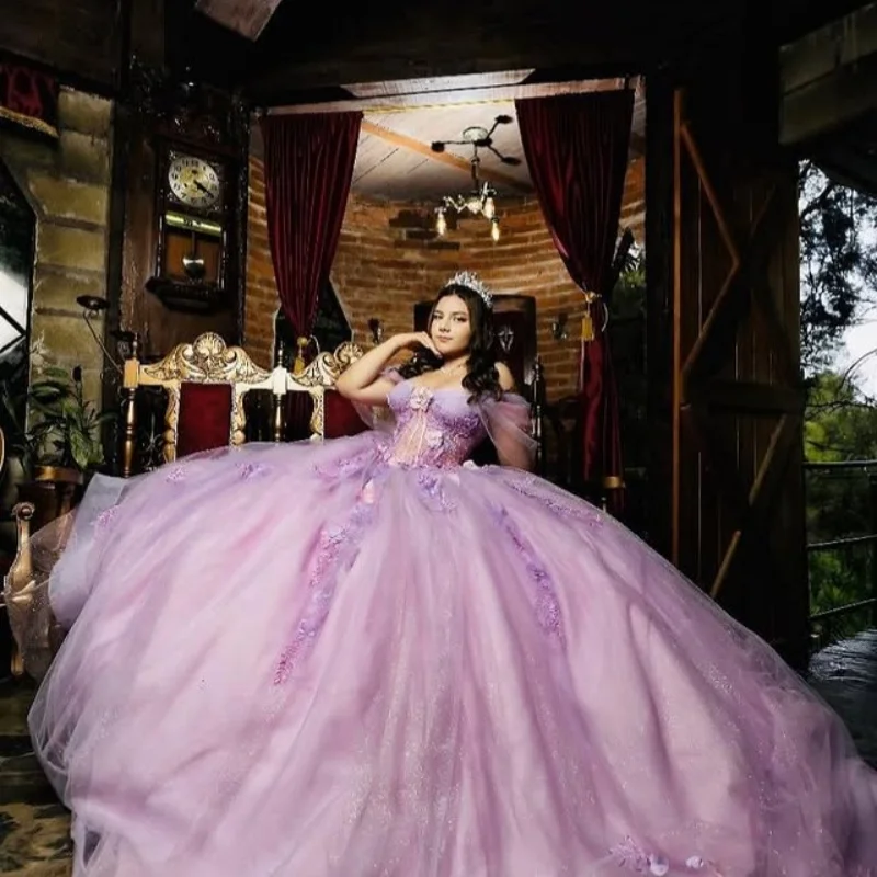

Customized Purple Quinceanera Dresses Off the Shoulder glitter decal Long tail 3D flower crystal Vestido 15 Quinceanera