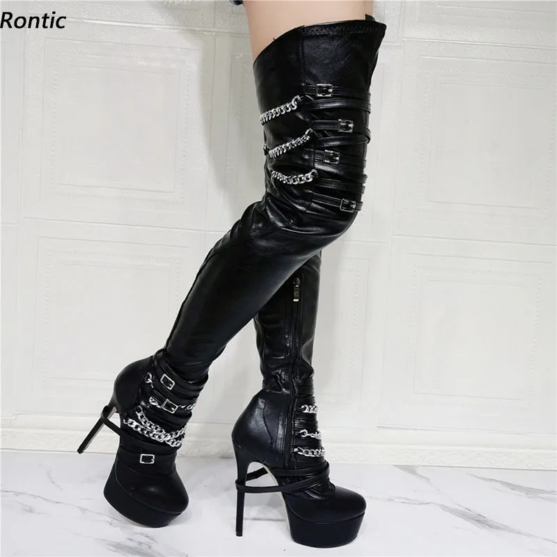 

Rontic New Women Spring Thigh Boots Faux Leather Side Zipper Sexy Stiletto Heels Round Toe Black Night Club Shoes US Size 5-20