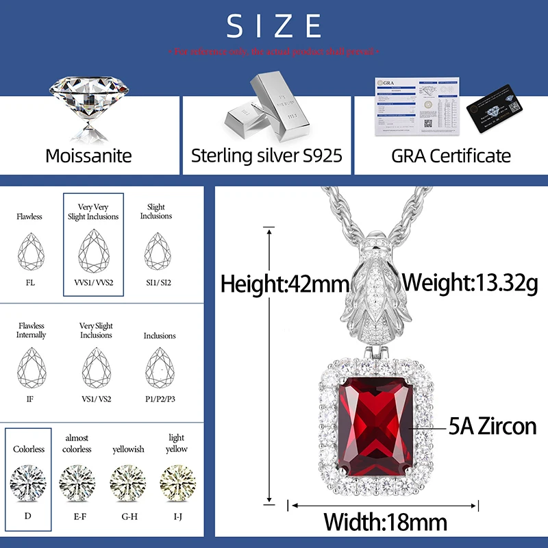 New 925 Sterling Silver Dragon Head Custom Pendant Necklace for Women Men D Color Moissanite Diamond Charm Party Jewelry Gifts