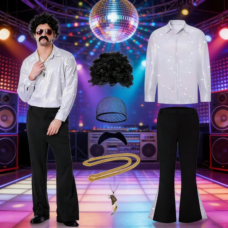 

Диско-набор для выступлений, мужская рубашка с принтом и брюки-клеш, 70-е годы, вечерние сценический костюм в стиле ретро