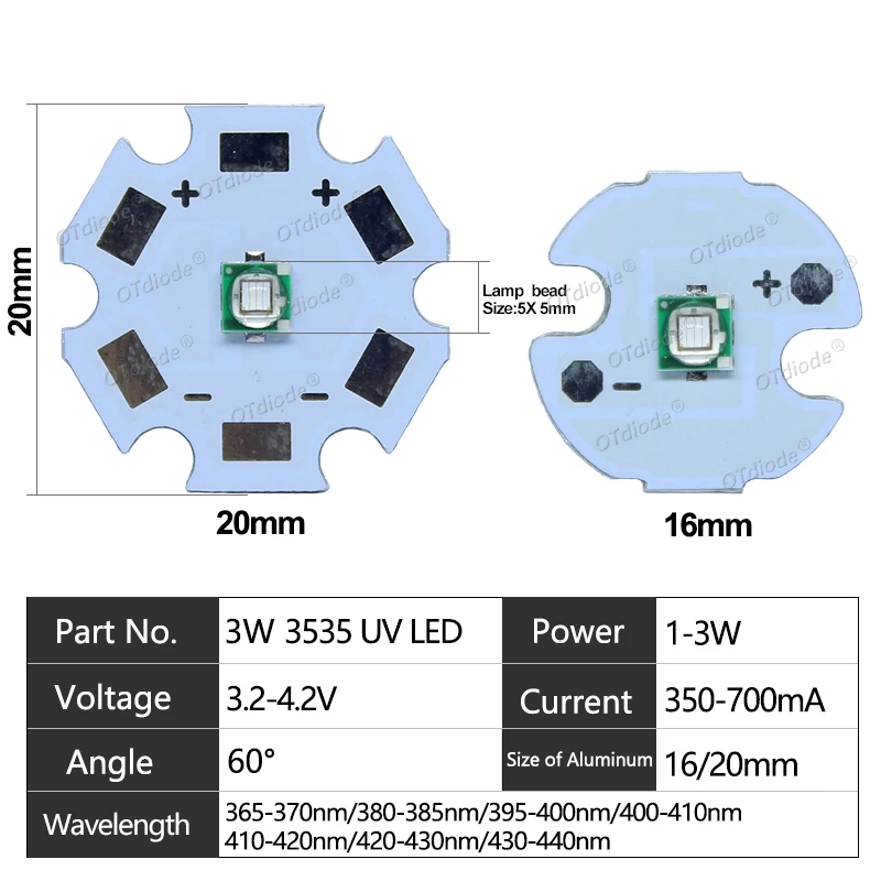 رقاقة مصباح LED عالية الطاقة باللون البنفسجي فوق البنفسجي ، حبات الضوء فوق البنفسجي مع ثنائي الفينيوم ، 365 نانومتر ، 370 نانومتر ، 385 نانومتر ، 39 نانومتر ، 400 نانومتر ، 410 نانومتر ، 420 نانومتر ، 3 واط ، 1-50