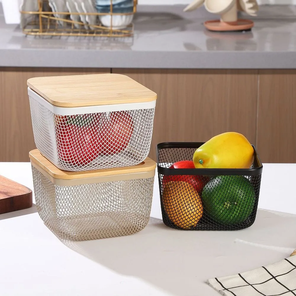 Creative Ironwork Storage Basket Black White Mesh Design Sundries Basket Large Capacity with Lid Mesh Storage Basket Snacks