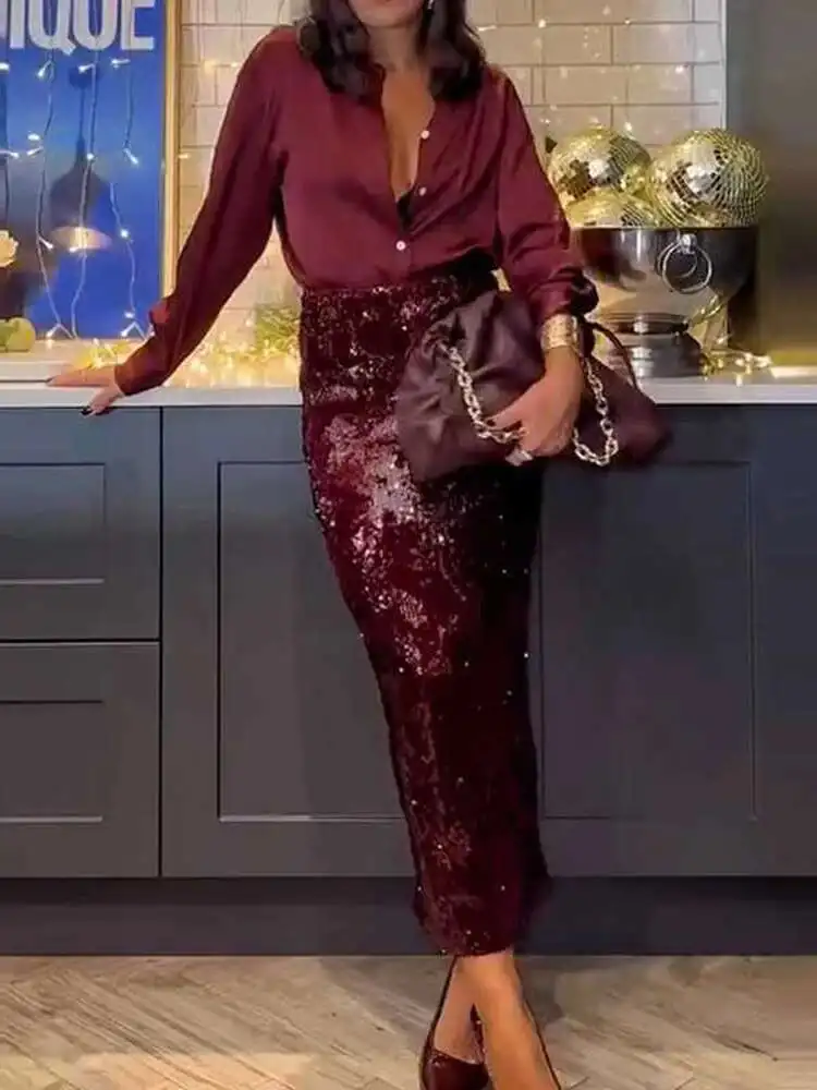 Ensemble 2 pièces élégant à manches longues, chemise et jupe à paillettes boutonnées à revers pour dames, vêtements de fête de printemps et d'été pour femmes