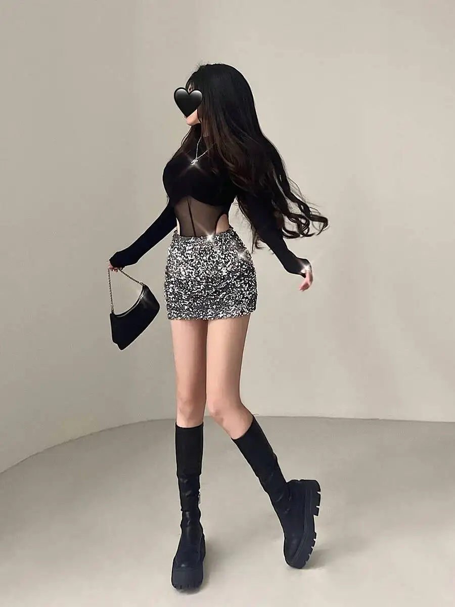 WOMENGAGA Spicy Girls Sexy Fashion Sparkling Sequins High Waist Slim A-LINE Slim Hip Skirt Short Skirt Streetwear Women GCP8