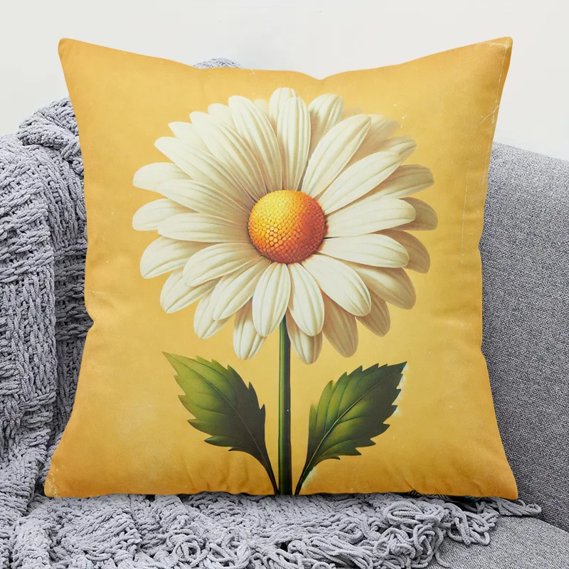 White Daisy Floral Double-Sided Pillowcase, Yellow Background Nature Cushion Cover with Zipper, Washable Decor Case