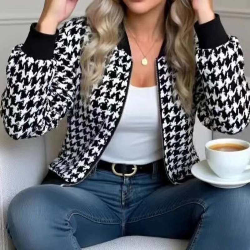2025 خريف موضة جديدة سستة houndstooth سترة فضفاضة ضئيلة معطف فوقي غير رسمي للنساء