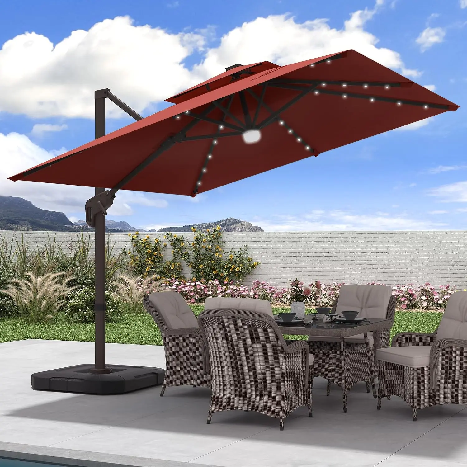 9x9 FT Offset Patio Umbrella Lights Base 2-Tier Canopy Aluminum Frame 360° Rotation Weighted Base Outdoor Pool Deck, Customized