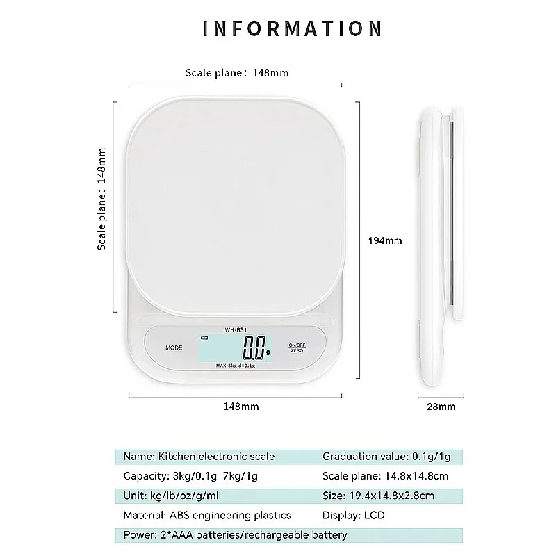 WH-B31 waga kuchenna z wyświetlaczem LCD ładująca USB/bateria o wysokiej precyzji waga elektroniczna kuchenna waga do herbaty narzędzia do pieczenia