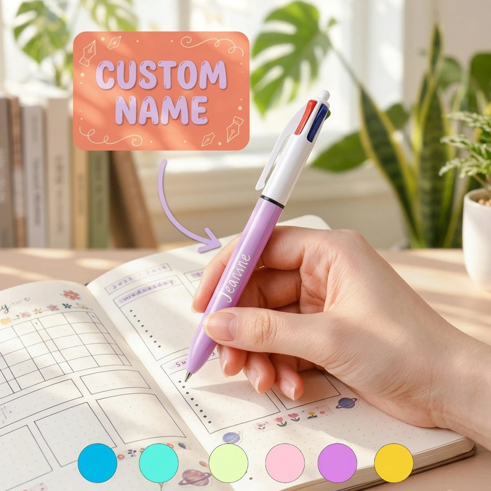 Custom Name Ballpoint Pen,Personalized Multi‑Ink Pen,4‑in‑1 Retractable Ball Pen,Macaron Pastel Body,Office School Stationery