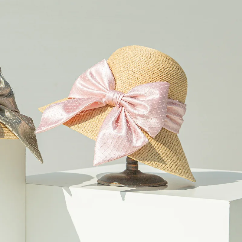 natural-wheat-straw-summer-sun-protection-hat-beach-hat-sunshade-lace-sash-net-knot-round-top-lady-hat