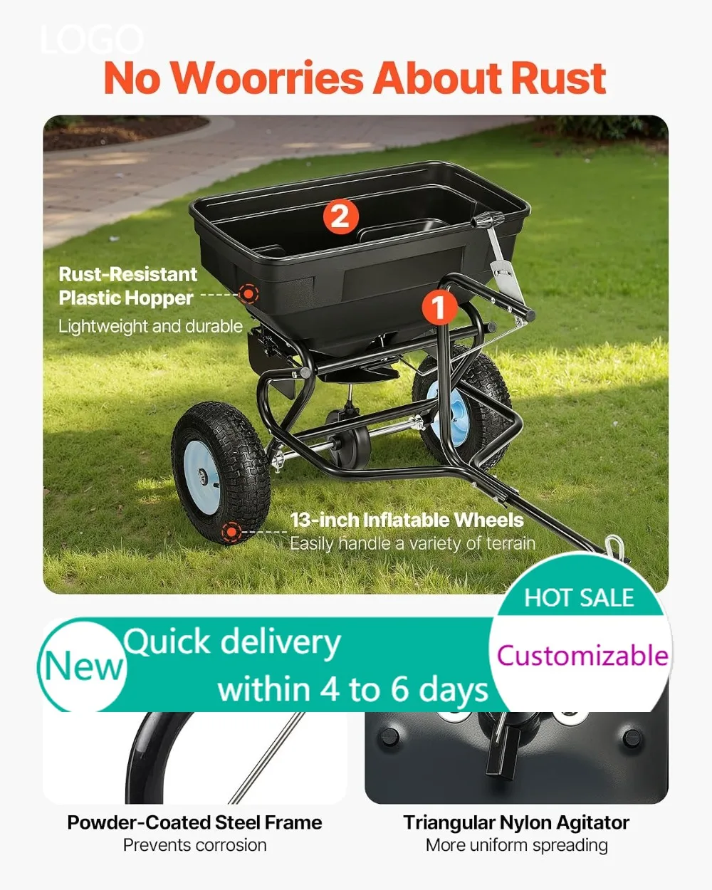 Tow Behind Broadcast Spreader, 130LBS, 13in Tires, 30 Settings, 9.8ft Spread, Lawn Seed Fertilizer Salt Ice Melt