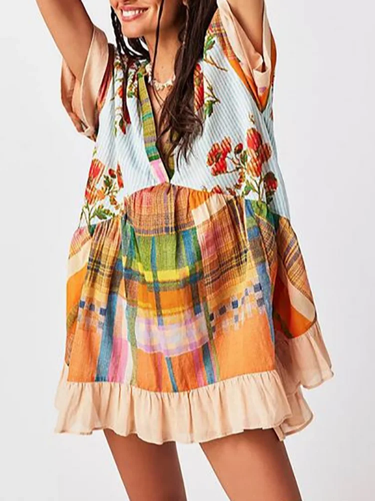 Damska patchworkowa sukienka na co dzień z krótkim rękawem, letnie wakacje, modna, prosta mini sukienka z nadrukiem, 2024 sukienka damska z głębokim dekoltem w szpic