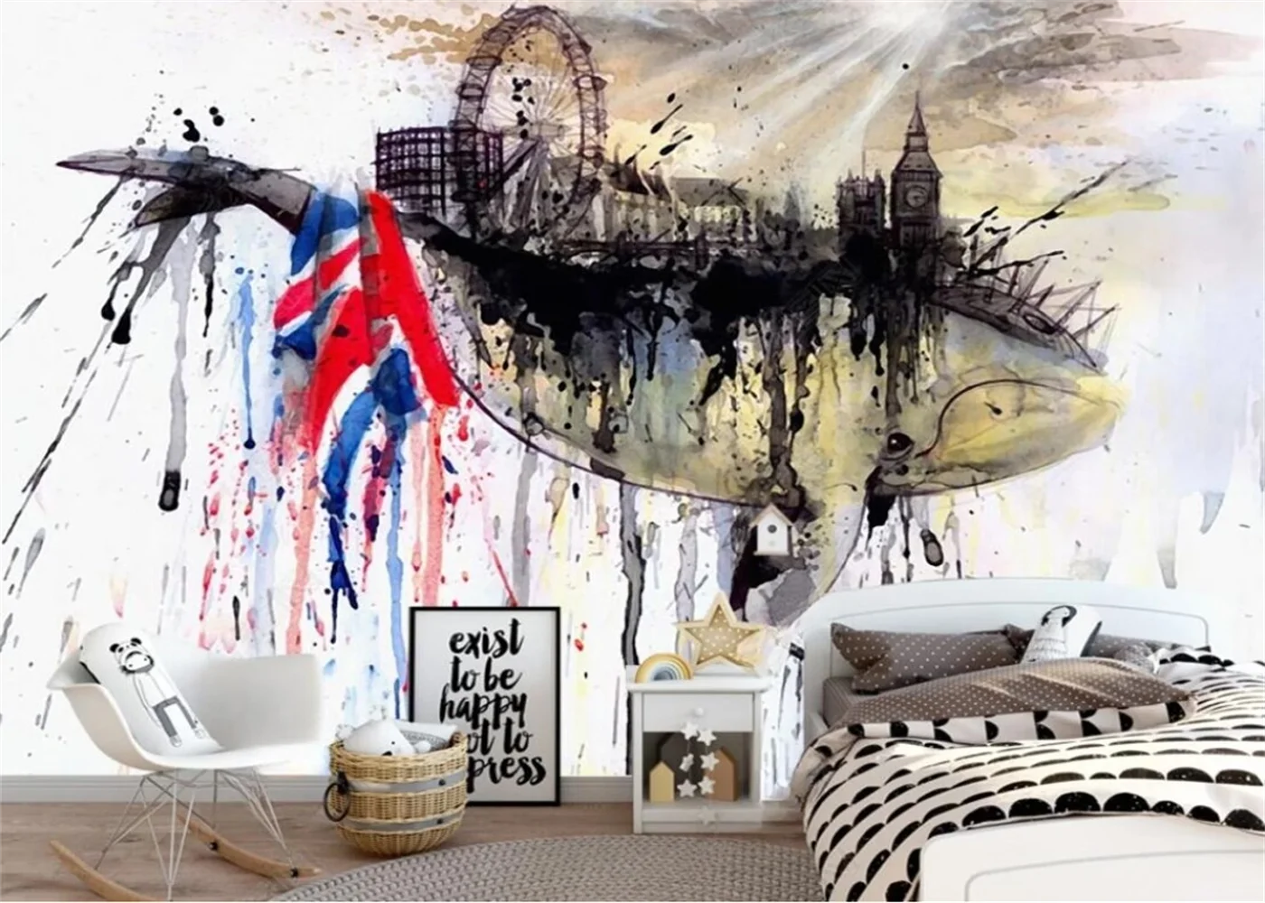 

Custom size mural photo Nordic simple watercolor splash-ink abstract graffiti whale children's room background wall 3d wallpaper